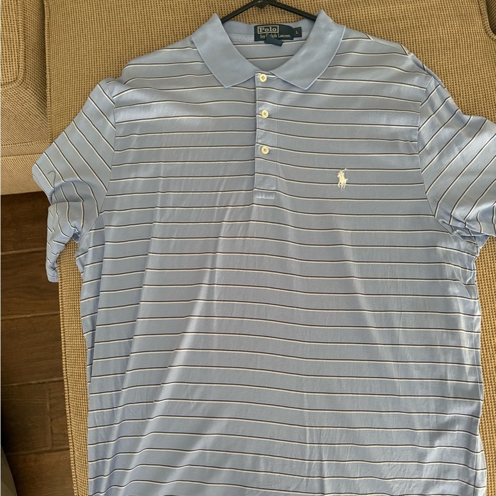 Polo by Ralph Lauren Men's Light Blue with brown Striped Polo size large